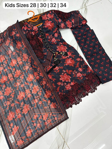 3 Pcs Women's Stitched Printed Suit