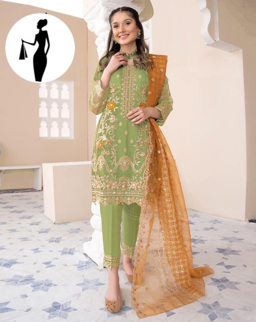3 Pcs Women's Stitched Organza Embroidered Suit