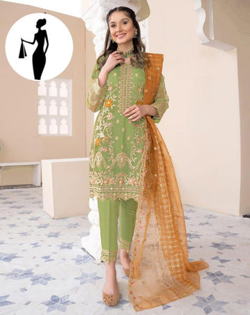 3 Pcs Women's Stitched Organza Embroidered Suit