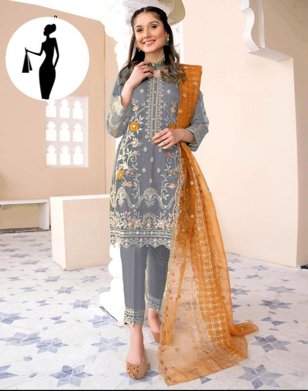 3 Pcs Women's Stitched Organza Embroidered Suit