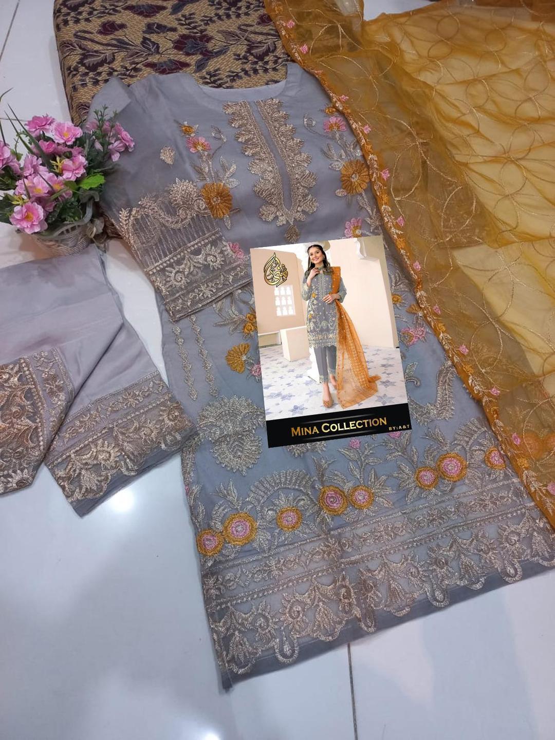 3 Pcs Women's Stitched Organza Embroidered Suit