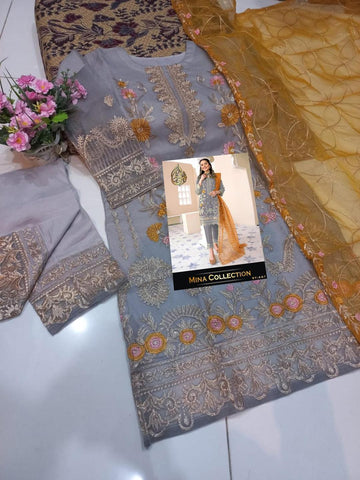 3 Pcs Women's Stitched Organza Embroidered Suit