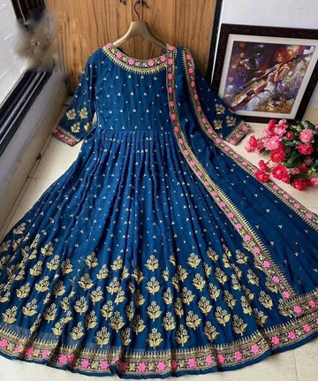 3 Pcs Women's Stitched Embroidered Maxi Suit (Blue)