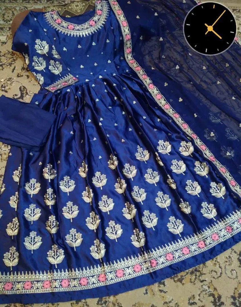 3 Pcs Women's Stitched Embroidered Maxi Suit (Blue)