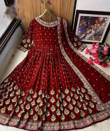 3 Pcs Women's Stitched Embroidered Maxi Suit (Maroon)