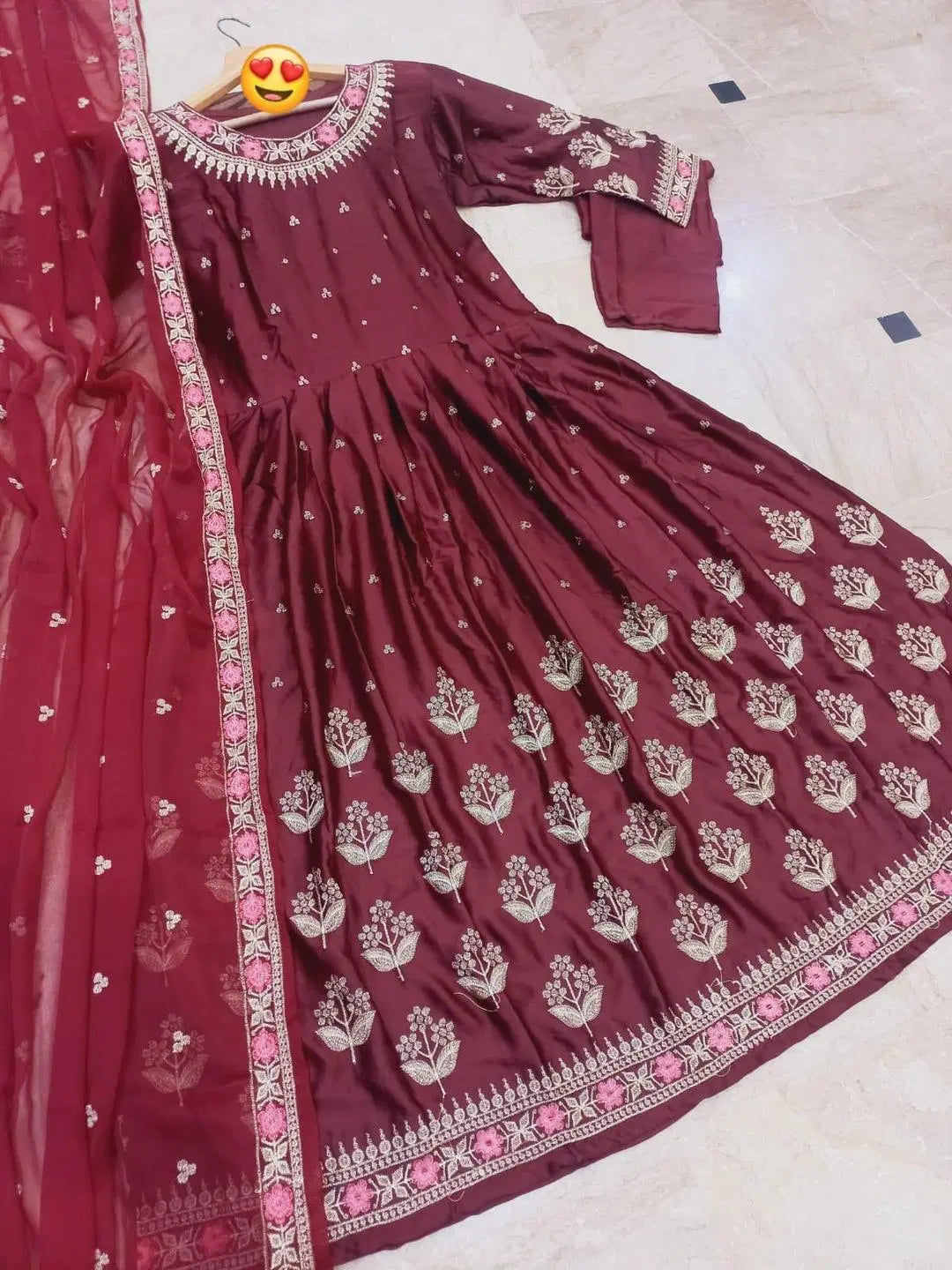 3 Pcs Women's Stitched Embroidered Maxi Suit (Maroon)