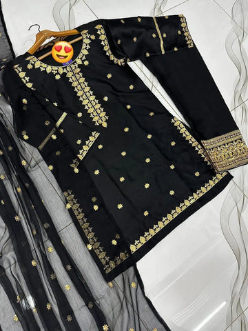 3 Pcs Women's Stitched Sequins Embroidered Suit (Black)