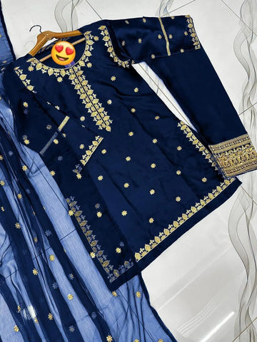 3 Pcs Women's Stitched Sequins Embroidered Suit (Blue)