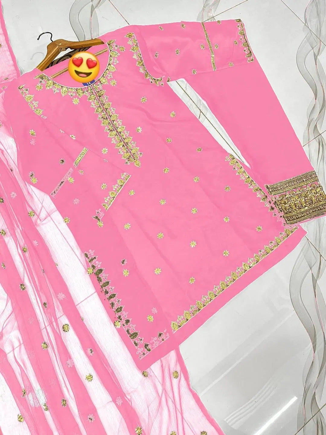 3 Pcs Women's Stitched Sequins Embroidered Suit (Pink)