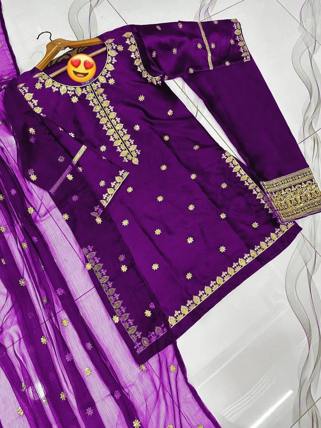 3 Pcs Women's Stitched Sequins Embroidered Suit (Purple)