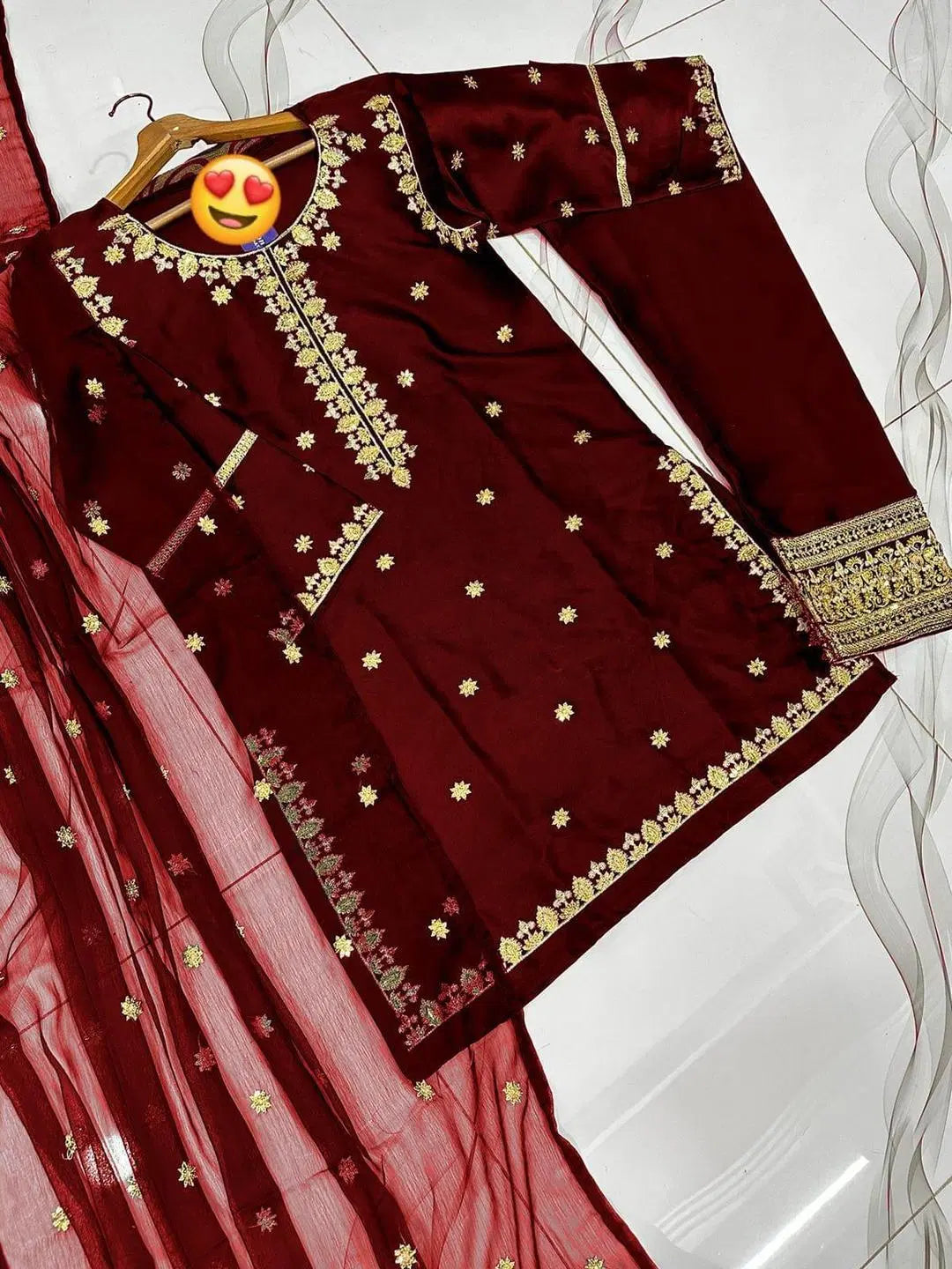 3 Pcs Women's Stitched Sequins Embroidered Suit (Maroon)