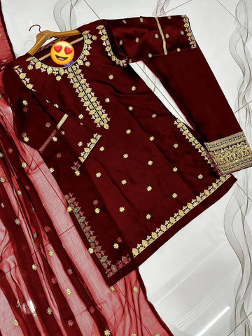 3 Pcs Women's Stitched Sequins Embroidered Suit (Maroon)
