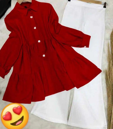 2 Pcs Women's Stitched Plain Shirt And Trouser (Red)