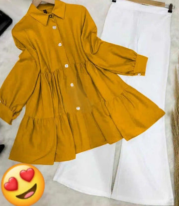 2 Pcs Women's Stitched Plain Shirt And Trouser (Yellow)