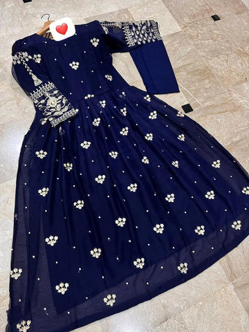 2 Pcs Women's Stitched Sequins Embroidered Maxi And Trouser (Blue)