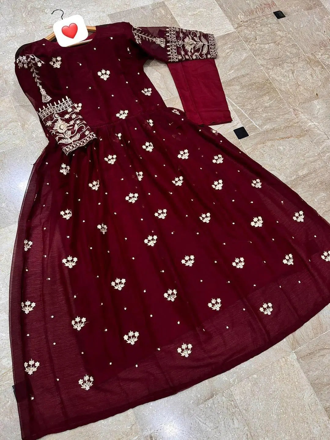 2 Pcs Women's Stitched Sequins Embroidered Maxi And Trouser (Red)