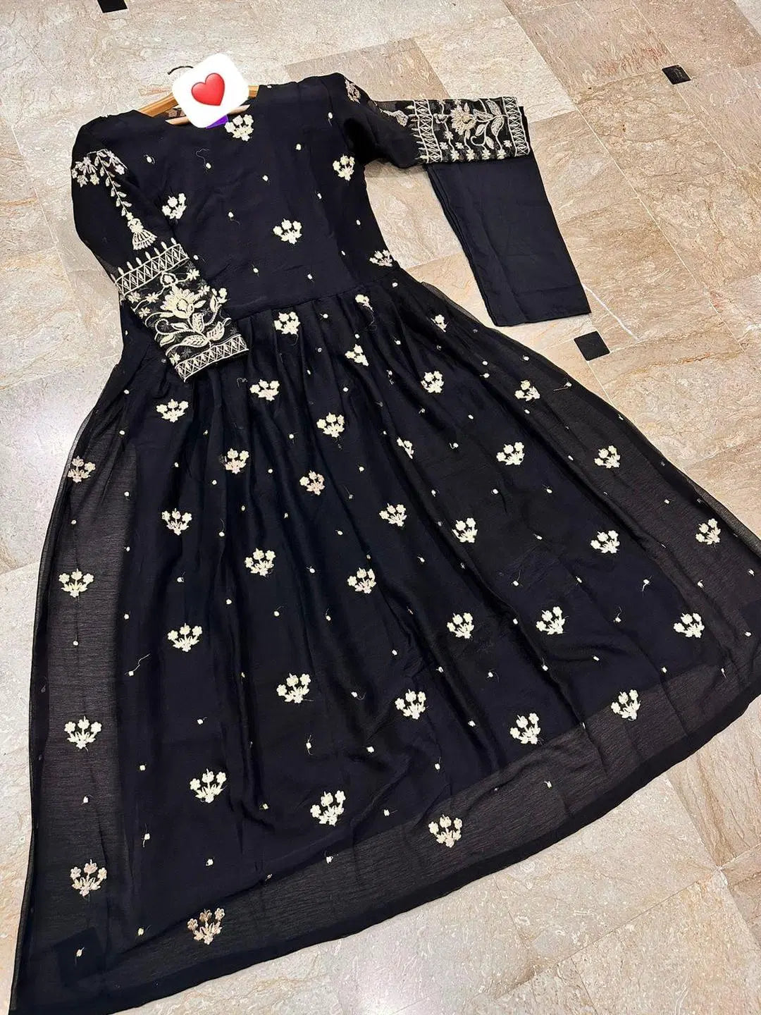 2 Pcs Women's Stitched Sequins Embroidered Maxi And Trouser (Black)
