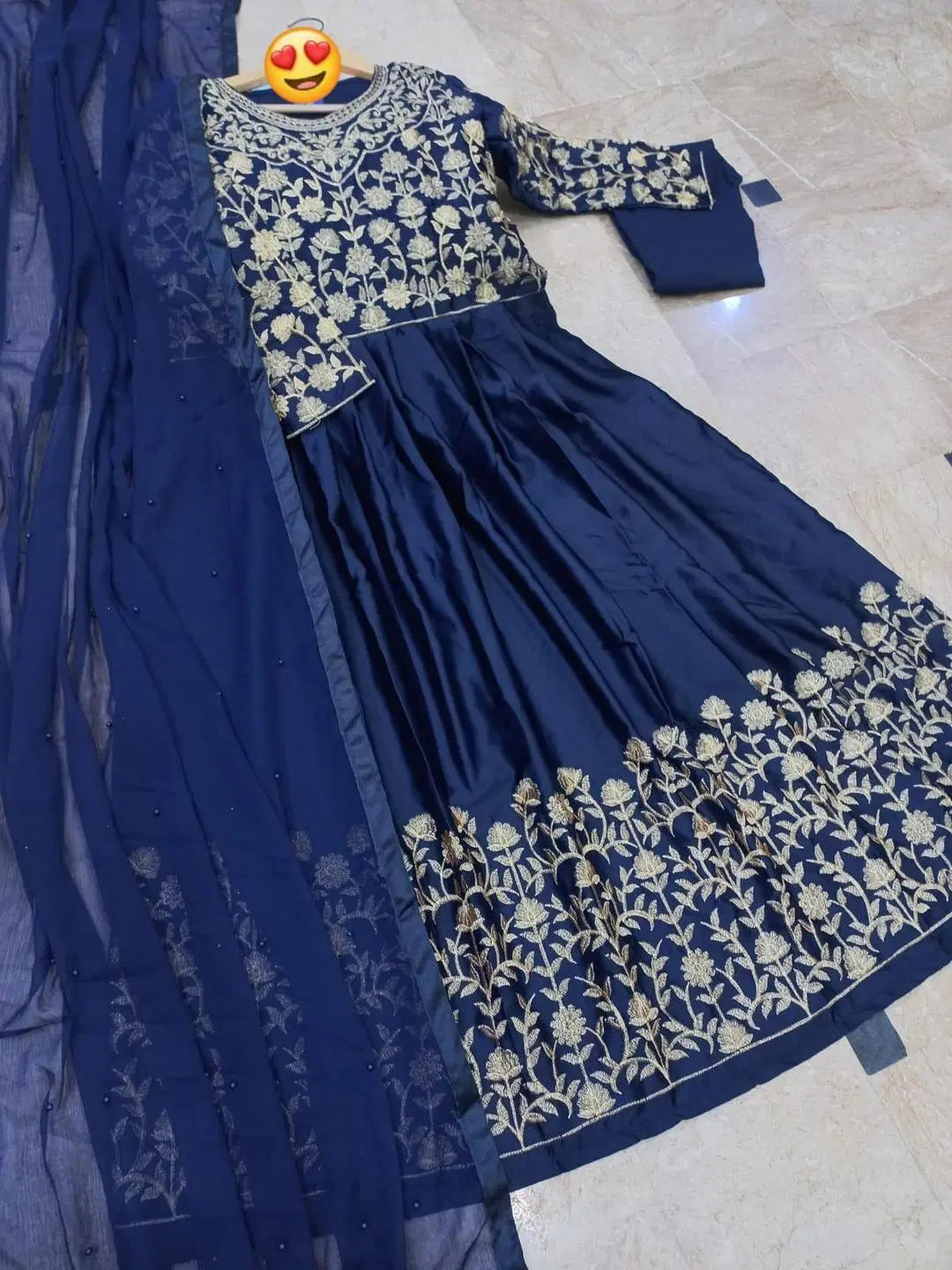 3 Pcs Women's Stitched Embroidered Maxi Suit (Blue)