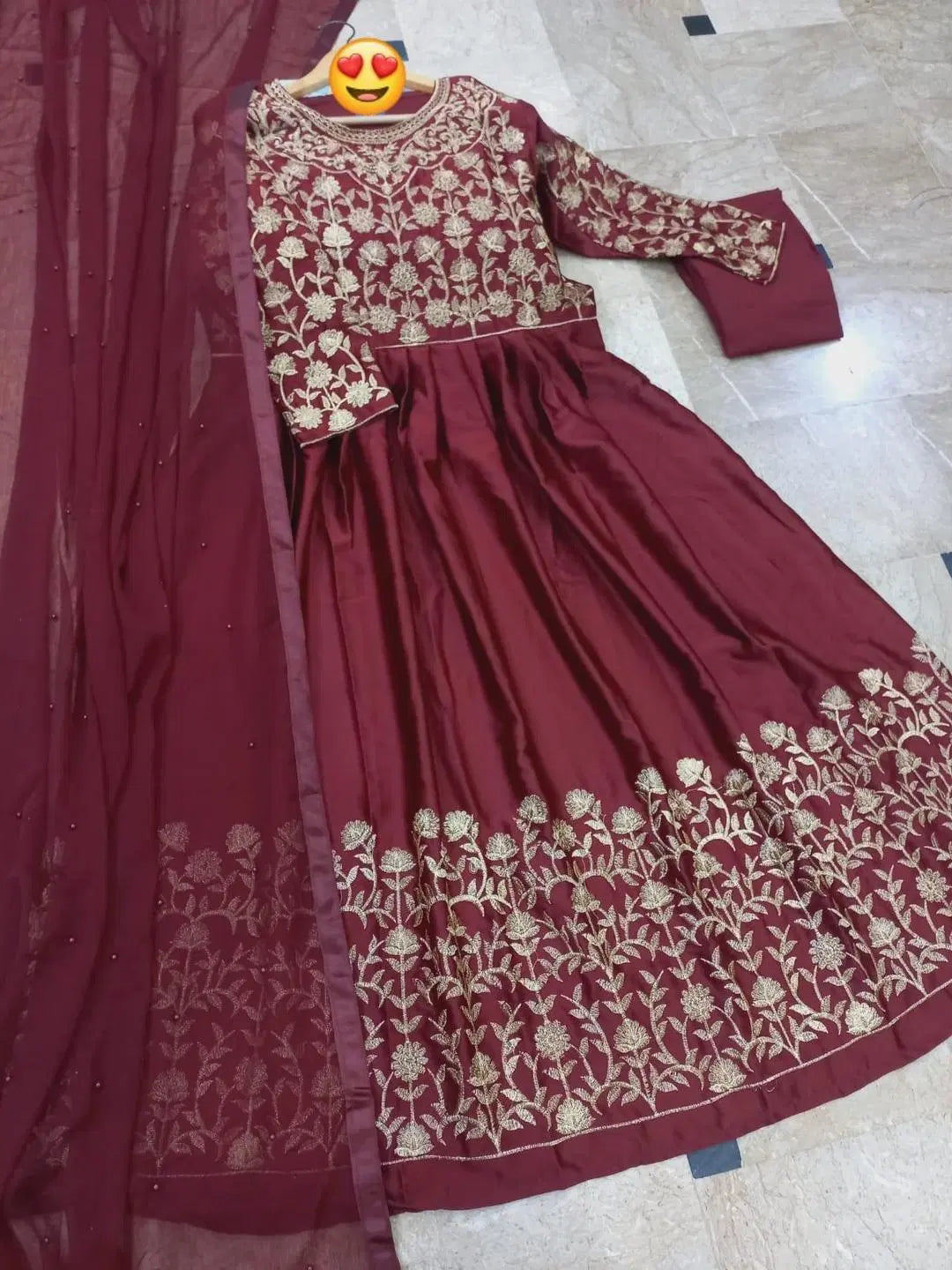 3 Pcs Women's Stitched Embroidered Maxi Suit (Maroon)