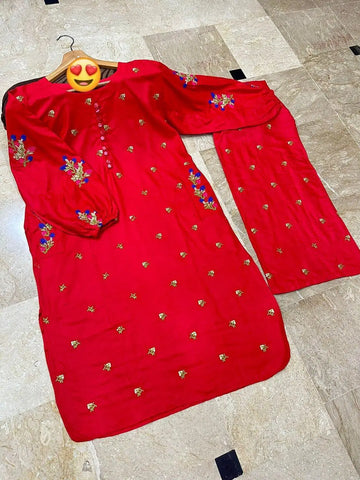 2 Pcs Women's Stitched Embroidered Shirt And Trouser (Red)