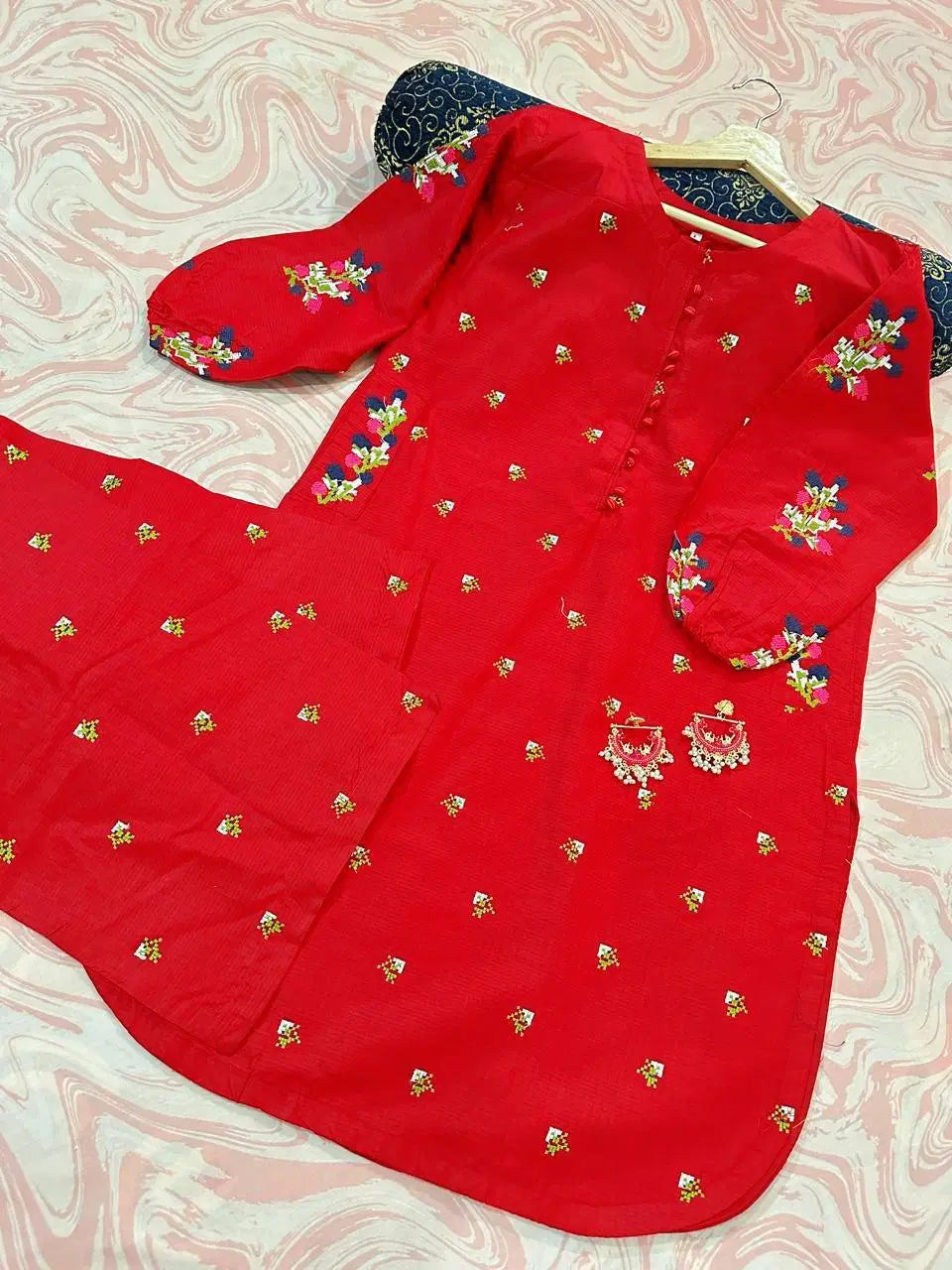 2 Pcs Women's Stitched Embroidered Shirt And Trouser (Red)