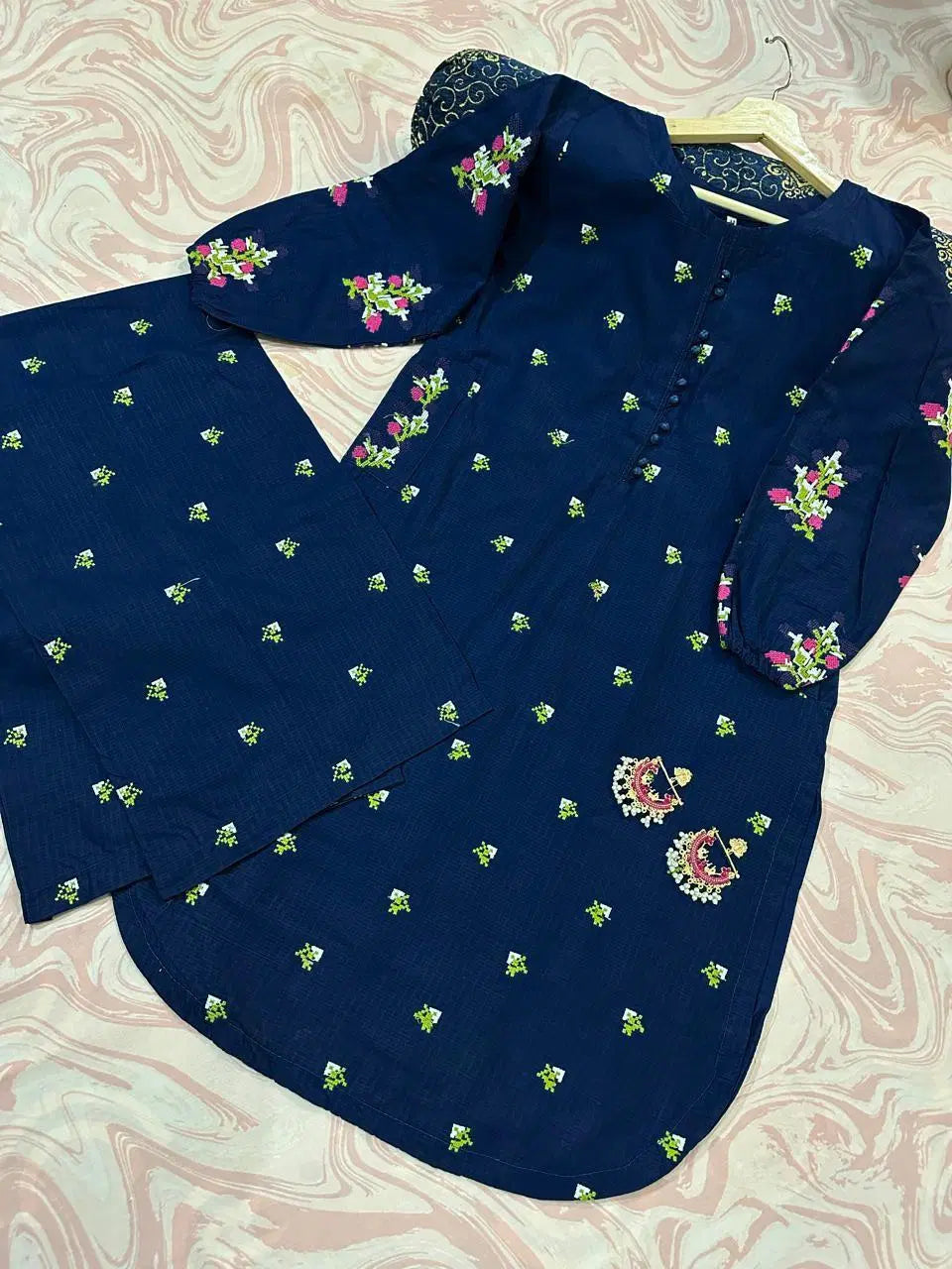2 Pcs Women's Stitched Embroidered Shirt And Trouser (Blue)