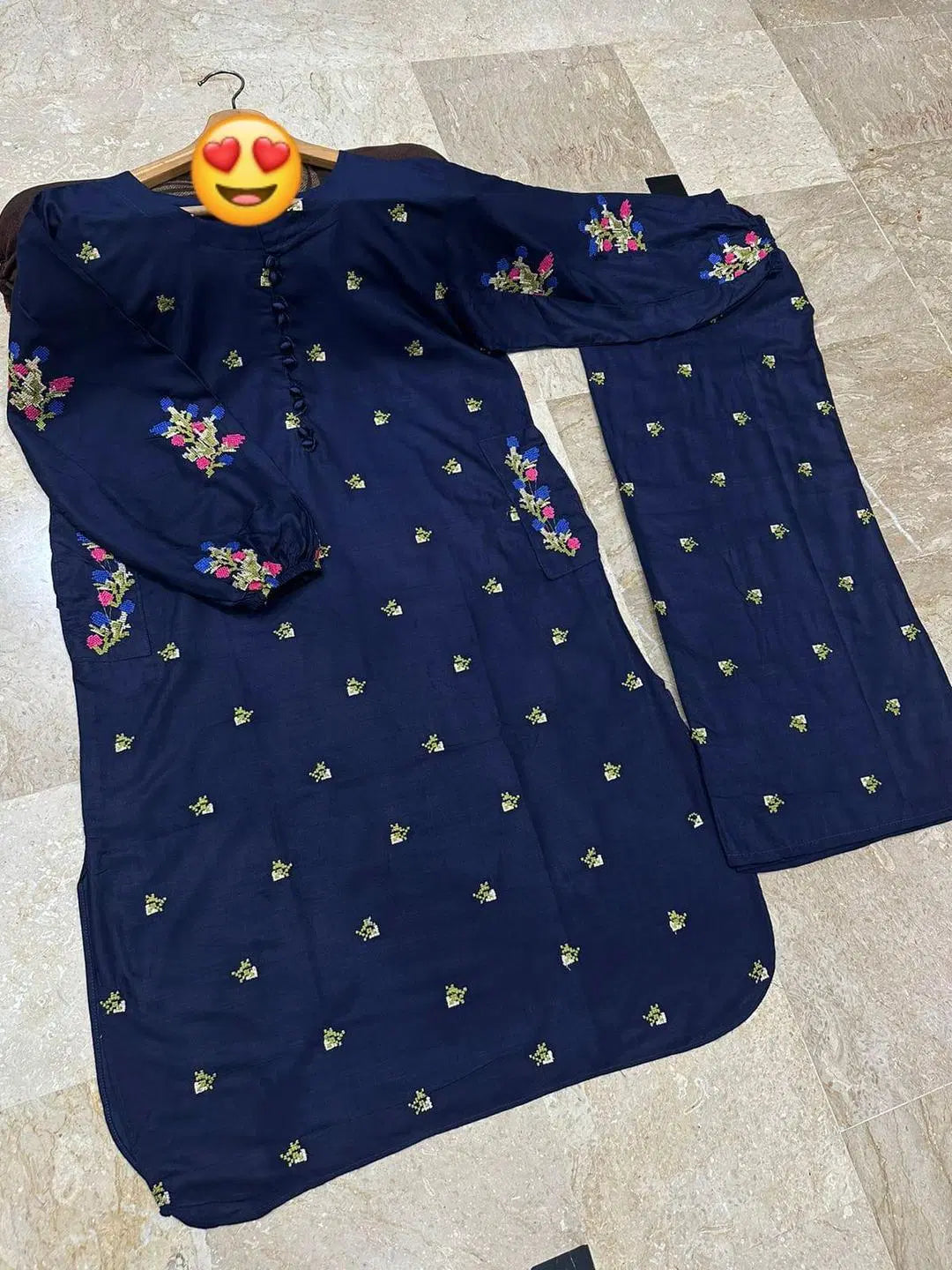 2 Pcs Women's Stitched Embroidered Shirt And Trouser (Blue)