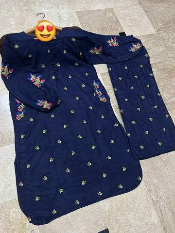 2 Pcs Women's Stitched Embroidered Shirt And Trouser (Blue)