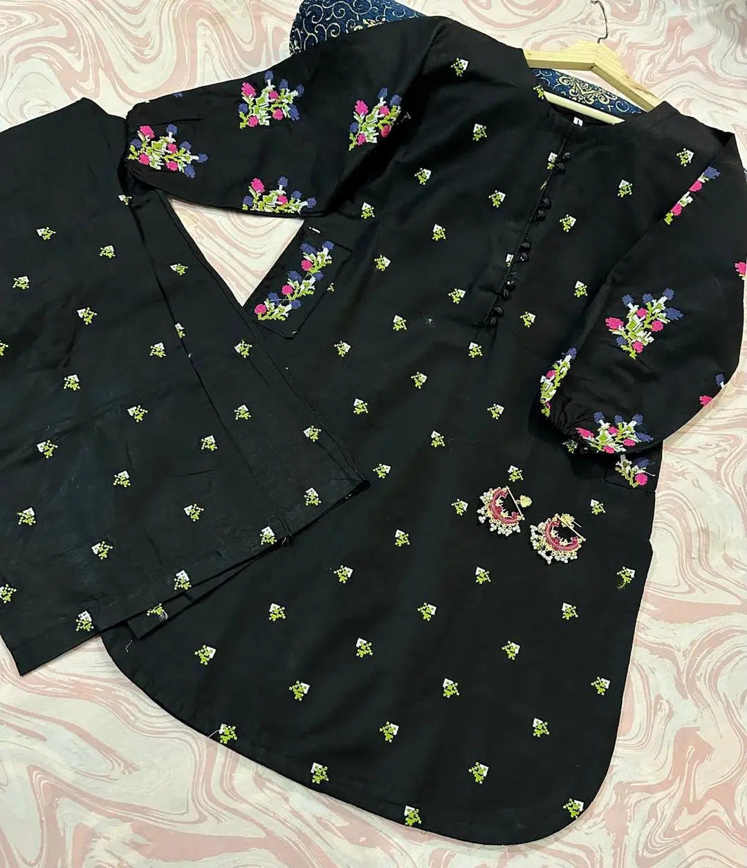 2 Pcs Women's Stitched Embroidered Shirt And Trouser (Black)