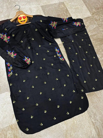 2 Pcs Women's Stitched Embroidered Shirt And Trouser (Black)
