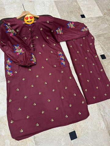 2 Pcs Women's Stitched Embroidered Shirt And Trouser (Maroon)