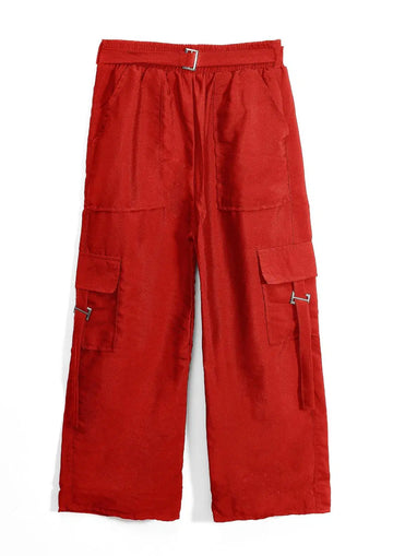 1 Pc Women's Stitched Cotton Plain Cargo Trouser With Belt (red)
