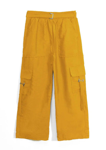 1 Pc Women's Stitched Cotton Plain Cargo Trouser With Belt (Yellow)