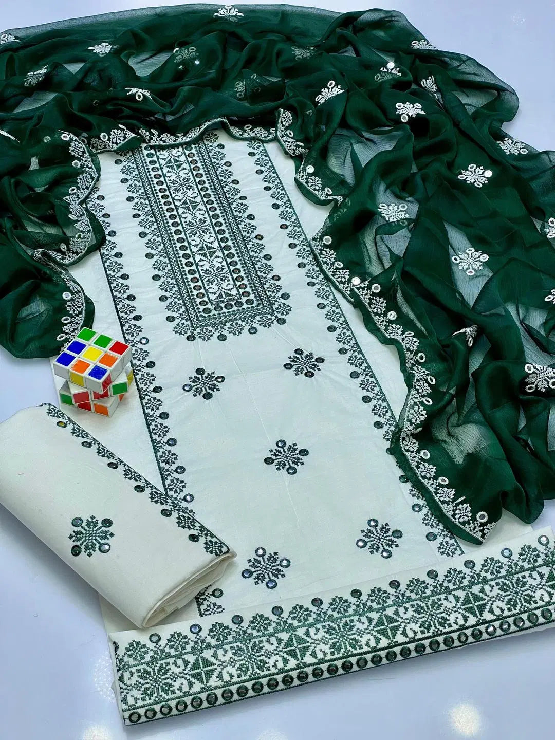 3 Pcs Women's Unstitched Embroidered Suit (White)