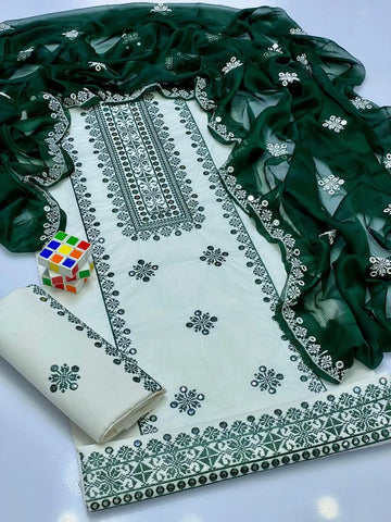 3 Pcs Women's Unstitched Embroidered Suit (White)