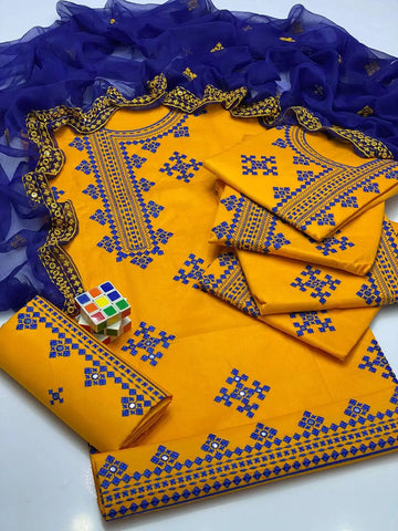 3 Pcs Women's Unstitched Embroidered Suit (Yellow)