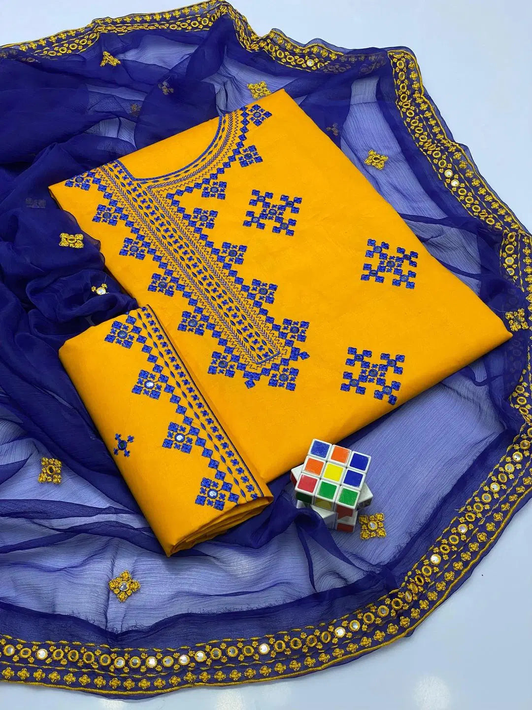 3 Pcs Women's Unstitched Embroidered Suit (Yellow)