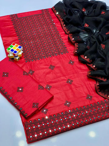 3 Pcs Women's Unstitched Embroidered Suit (Red)