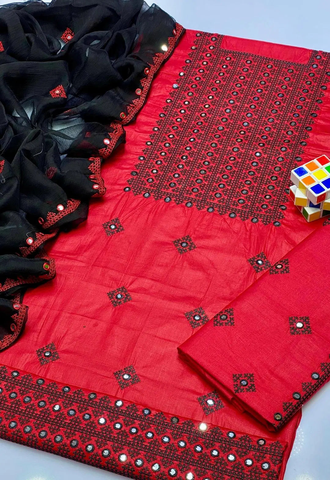 3 Pcs Women's Unstitched Embroidered Suit (Red)