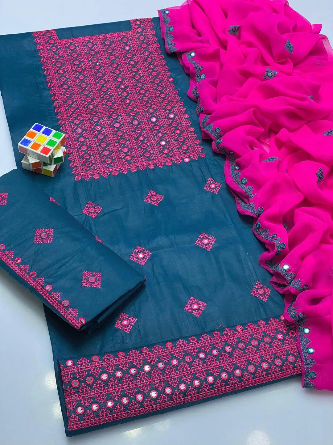 3 Pcs Women's Unstitched Embroidered Suit (Blue)