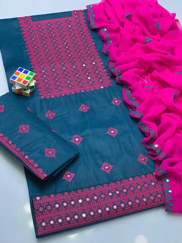 3 Pcs Women's Unstitched Embroidered Suit (Blue)