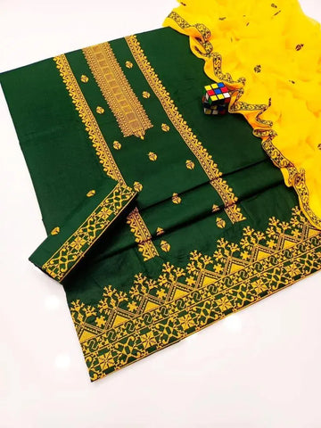 3 Pcs Women's Unstitched Cotton Embroidered Suit