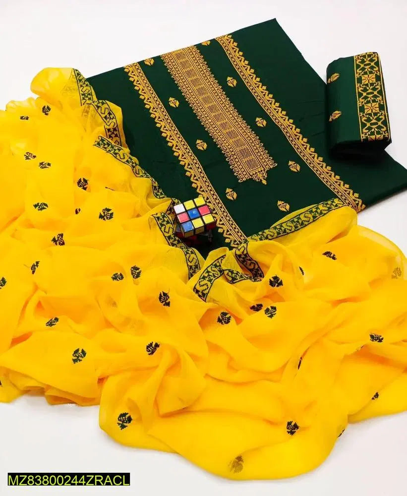 3 Pcs Women's Unstitched Cotton Embroidered Suit
