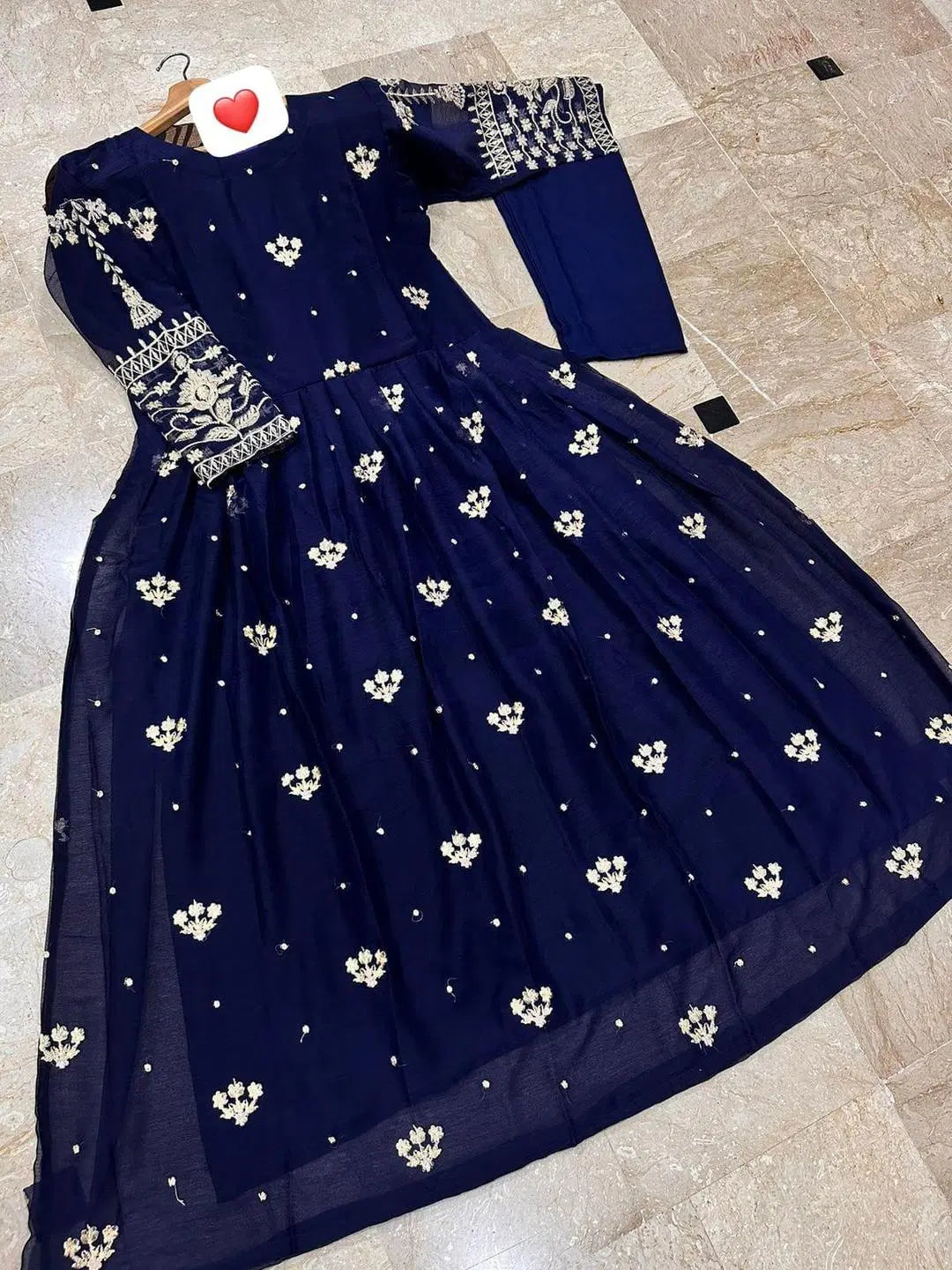 2 Pcs Women's Stitched Sequins Embroidered Maxi And Trouser (Blue)