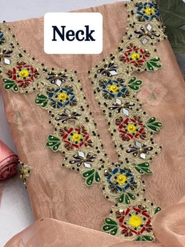 3 Pcs Women's Unstitched Hand Work Suit (Peach)