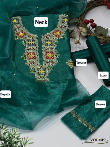 3 Pcs Women's Unstitched Hand Work Suit (Turquoise)