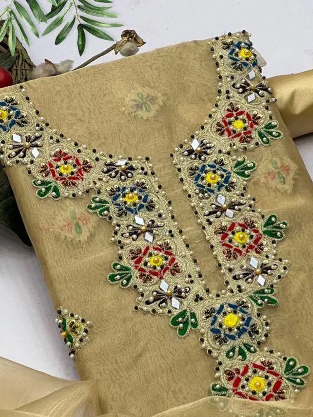 3 Pcs Women's Unstitched Hand Work Suit (Mustard)