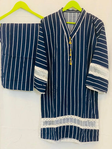 2 Pcs Women's Stitched Printed Shirt And Trouser (Blue)