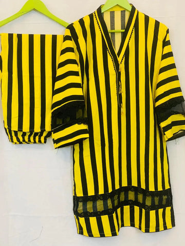 2 Pcs Women's Stitched Printed Shirt And Trouser (Yellow)