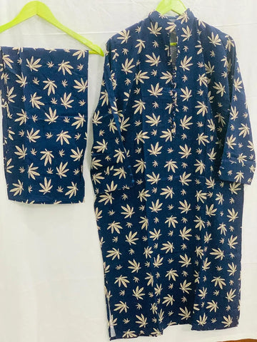 2 Pcs Women's Stitched Printed Shirt And Trouser (Blue)